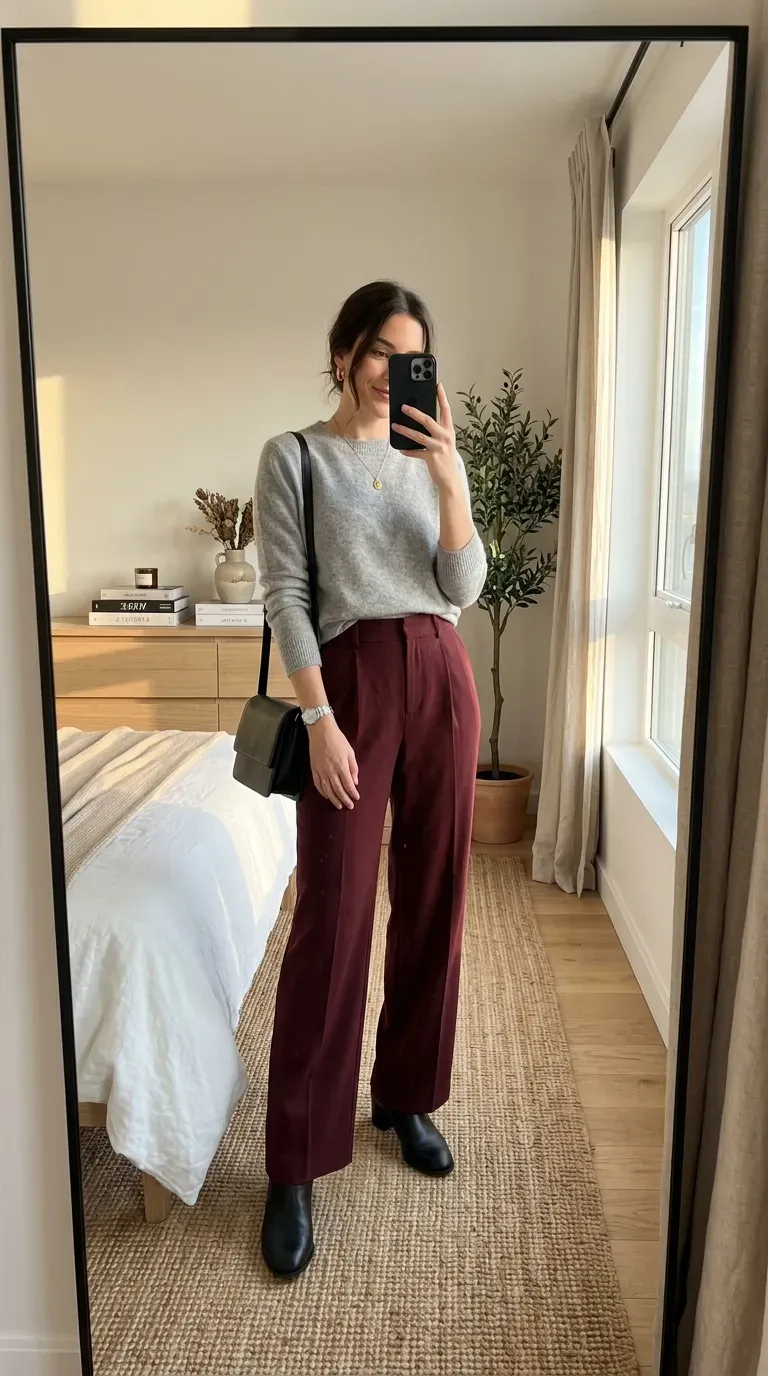 Woman wearing red pants with gray sweater for relaxed sophisticated fall style.