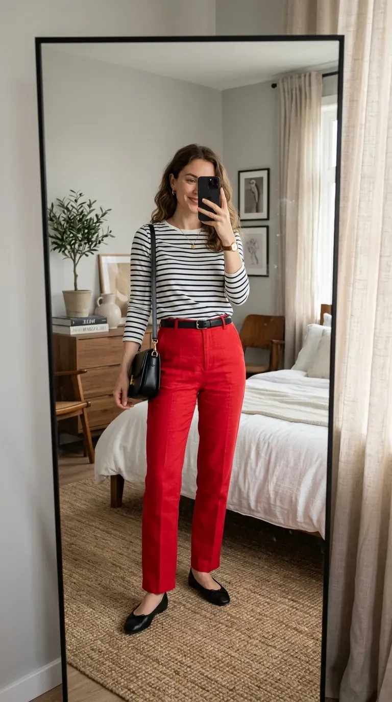 Woman wearing red pants with striped shirt for chic French-inspired casual style.