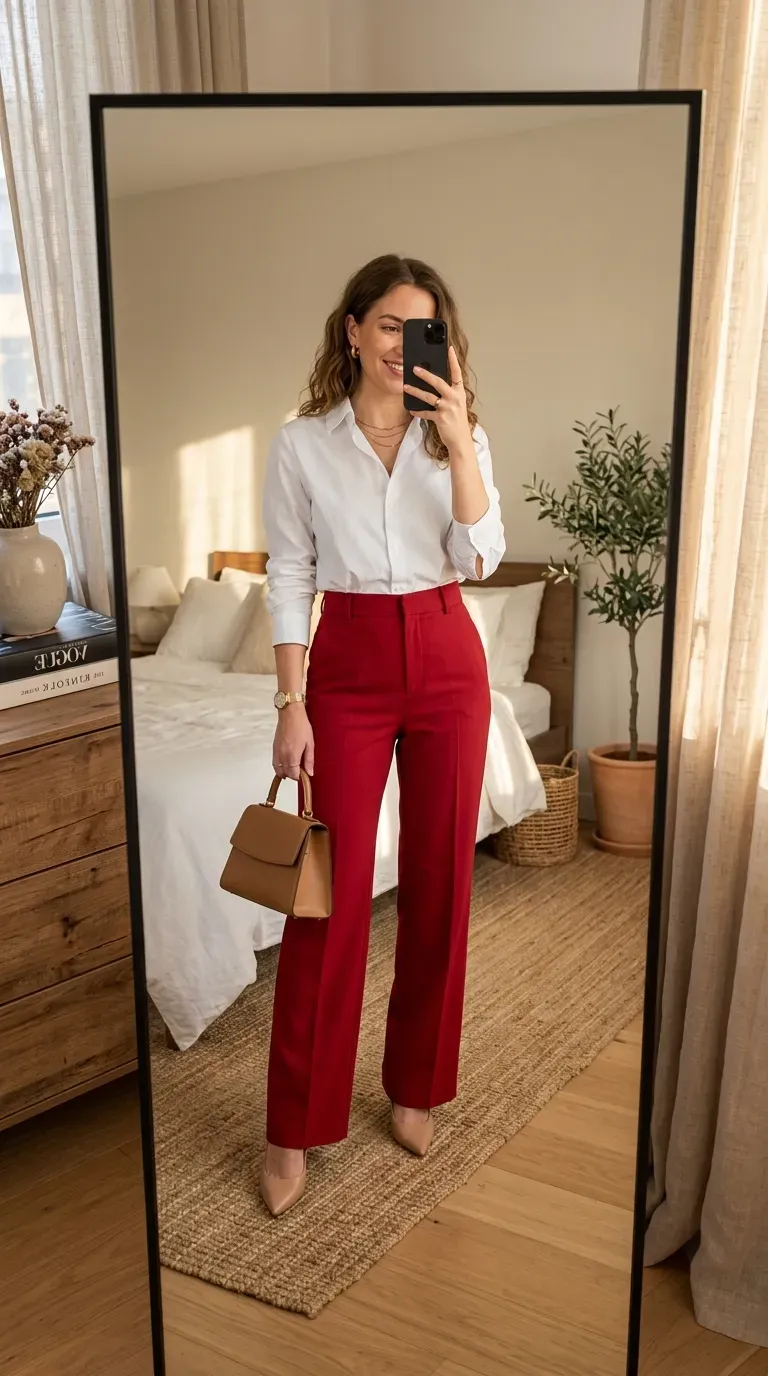 Woman wearing red pants with crisp white shirt for elegant polished everyday style.