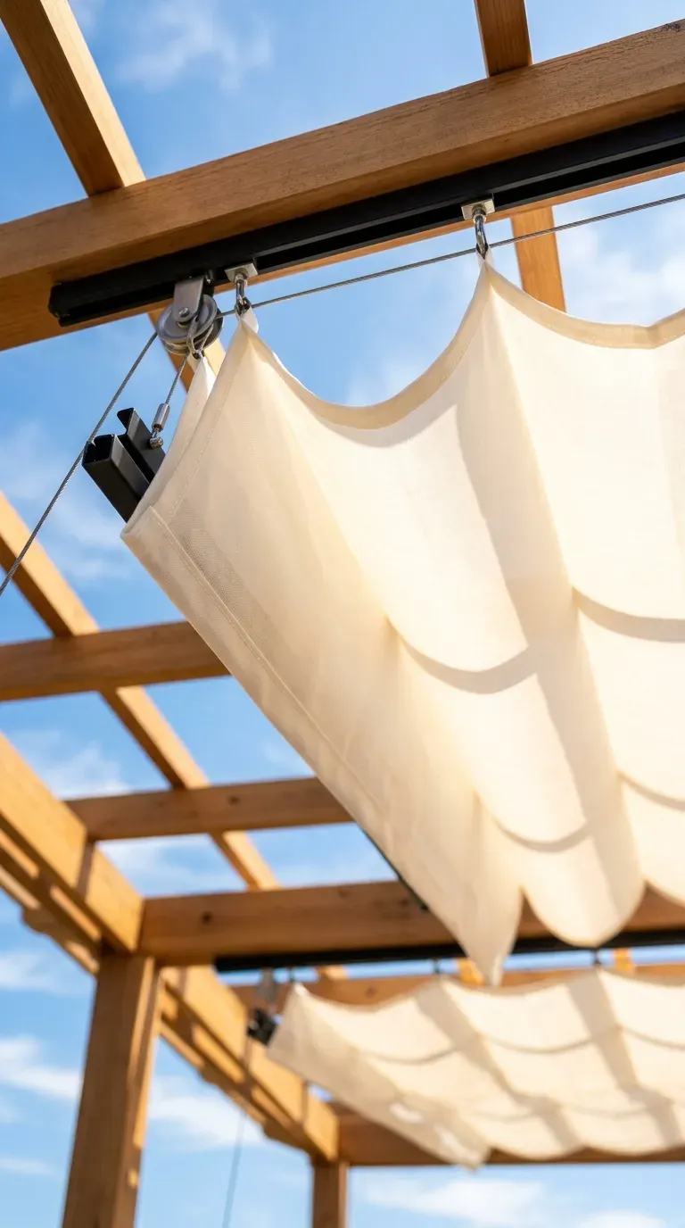 white fabric retractable Roman shade canopy extended over a modern wooden pergola