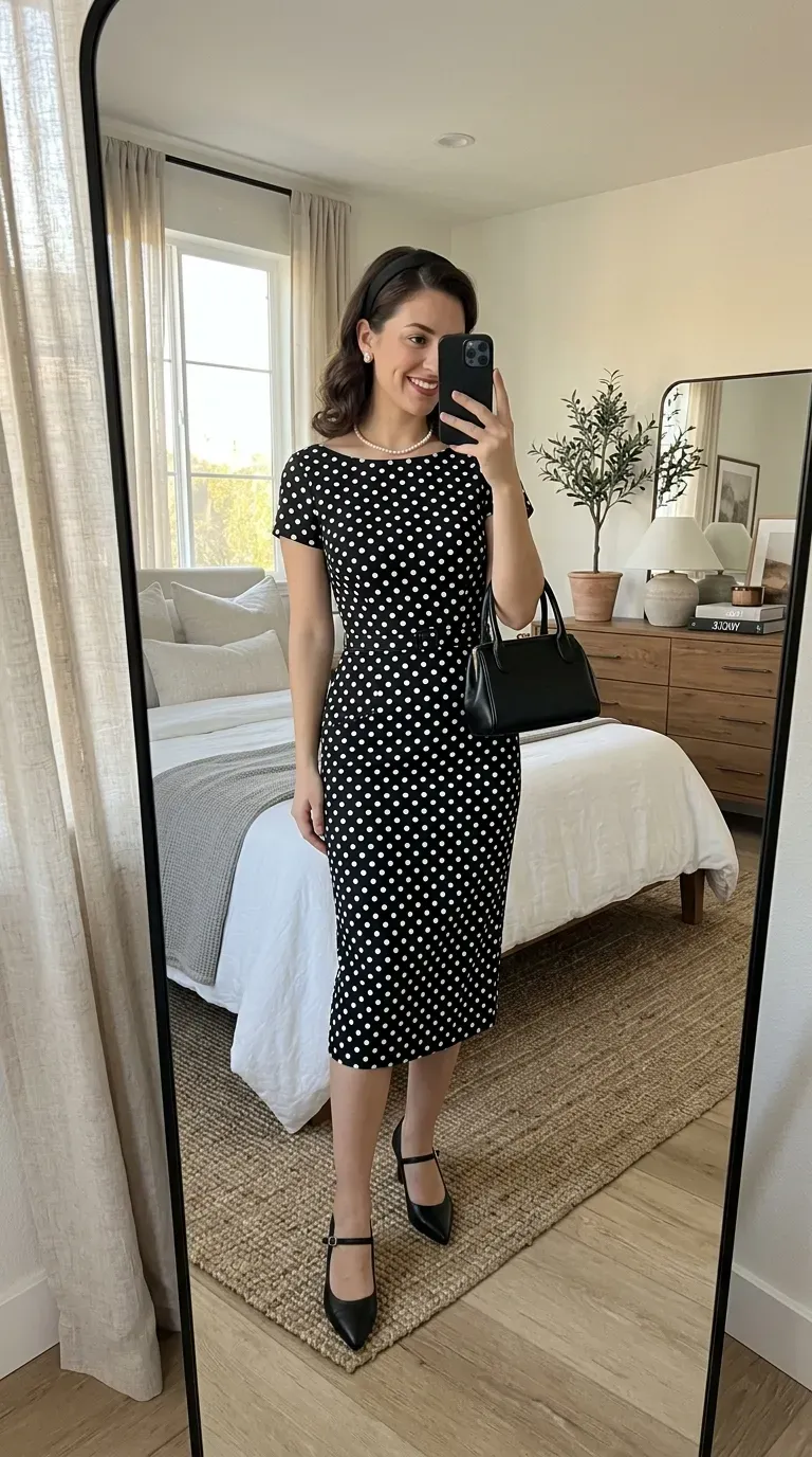 Woman wearing vintage-inspired Halloween outfit with polka dot dress heels and accessories.