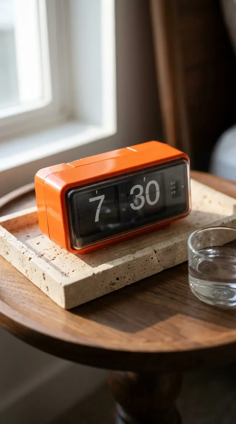 12 Stunning Retro Bedroom Ideas That Look Insanely Chic 12 orange vintage mechanical flip alarm clock resting on a beige travertine tray