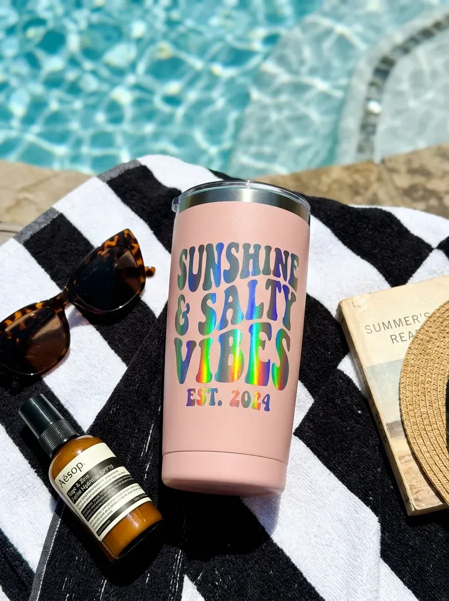 15 Genius Cricut Summer Projects You Need to Try 7 Matte stainless steel tumbler with holographic retro wavy text