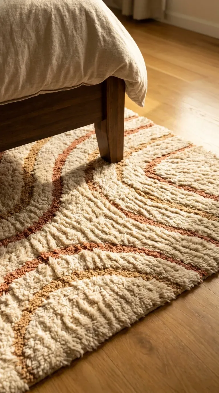 12 Stunning Retro Bedroom Ideas That Look Insanely Chic 11 high pile retro shag area rug with abstract terracotta and cream swirl pattern