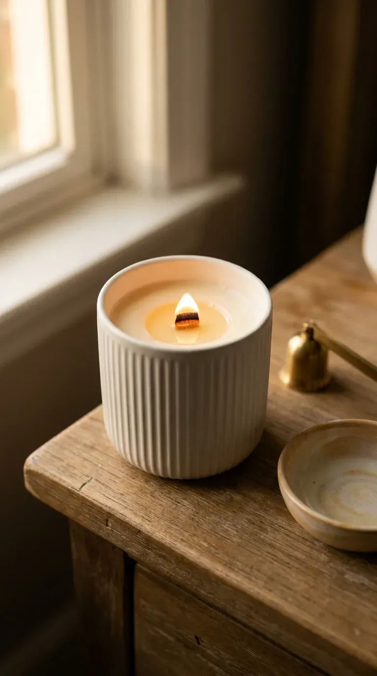 10 Modern DIY Soy Candle Ideas That Are Big in 2026 2 handmade soy candle in a matte white ribbed ceramic cup with a crackling wooden wick