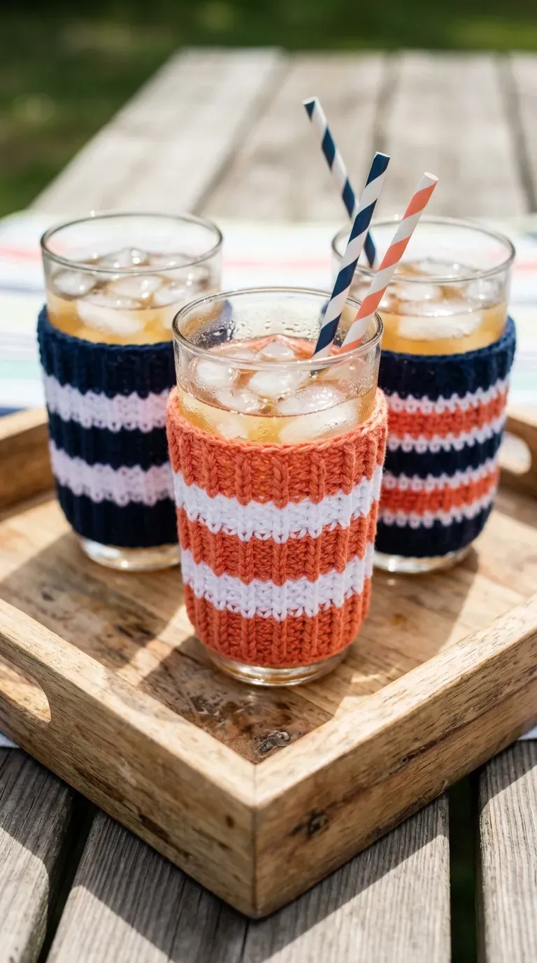 striped ribbed crochet drink cozies fitted around iced beverage glasses on a tray