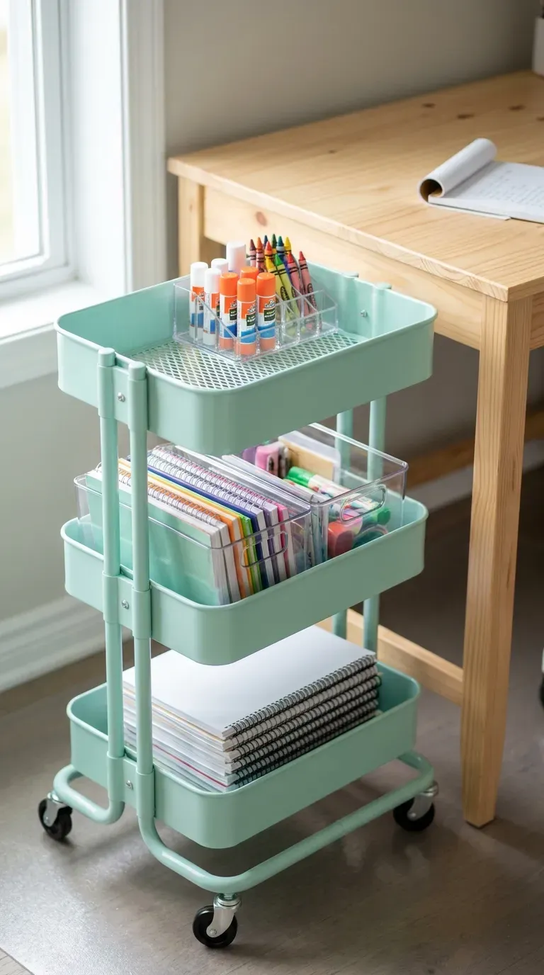 13 Genius Homeschool Room Ideas You Will Want to Copy ASAP 6 pastel mint three-tier rolling metal cart stocked with homeschool workbooks and bins