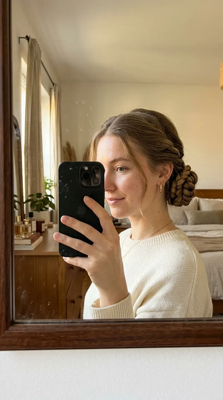Woman taking an iPhone mirror selfie showing an elegant rope braid wrapped into a low bun.