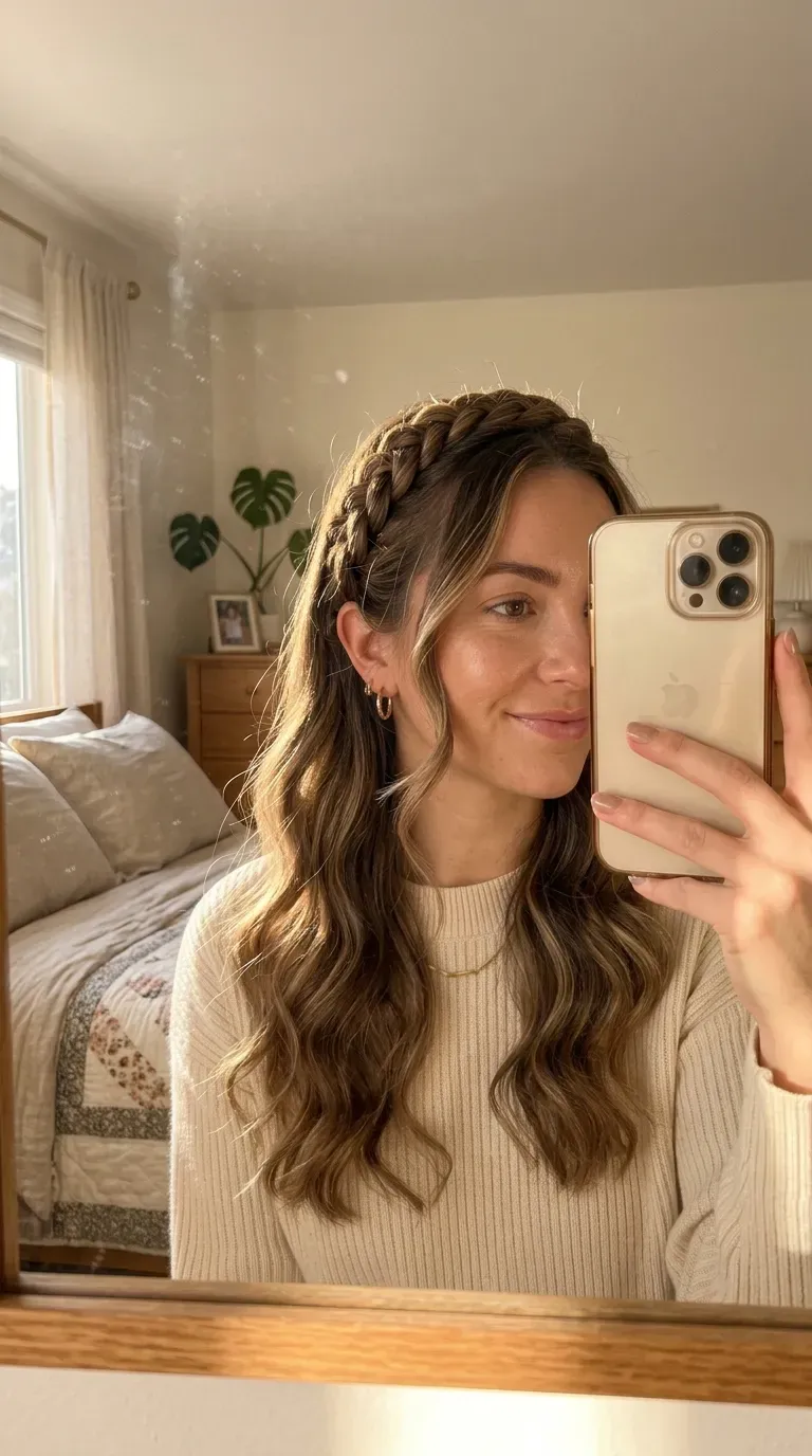 Woman taking an iPhone mirror selfie showing a romantic rope braid crown wrapped around her head.
