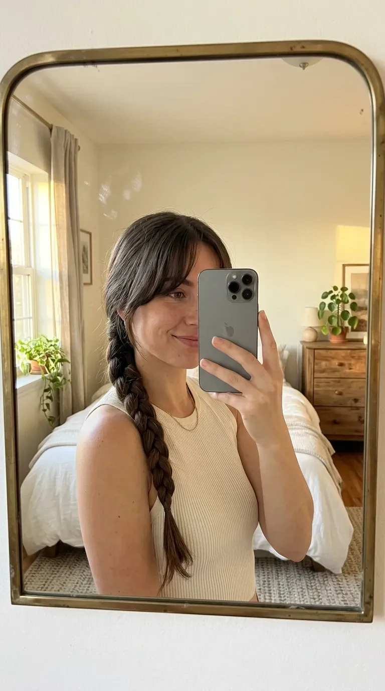 Woman taking an iPhone mirror selfie showing a rope braid hairstyle with soft curtain bangs.