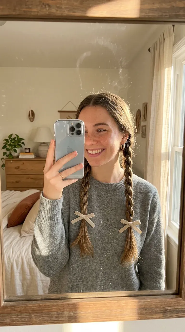 Woman taking an iPhone mirror selfie showing playful rope braid pigtails with loose face-framing strands.
