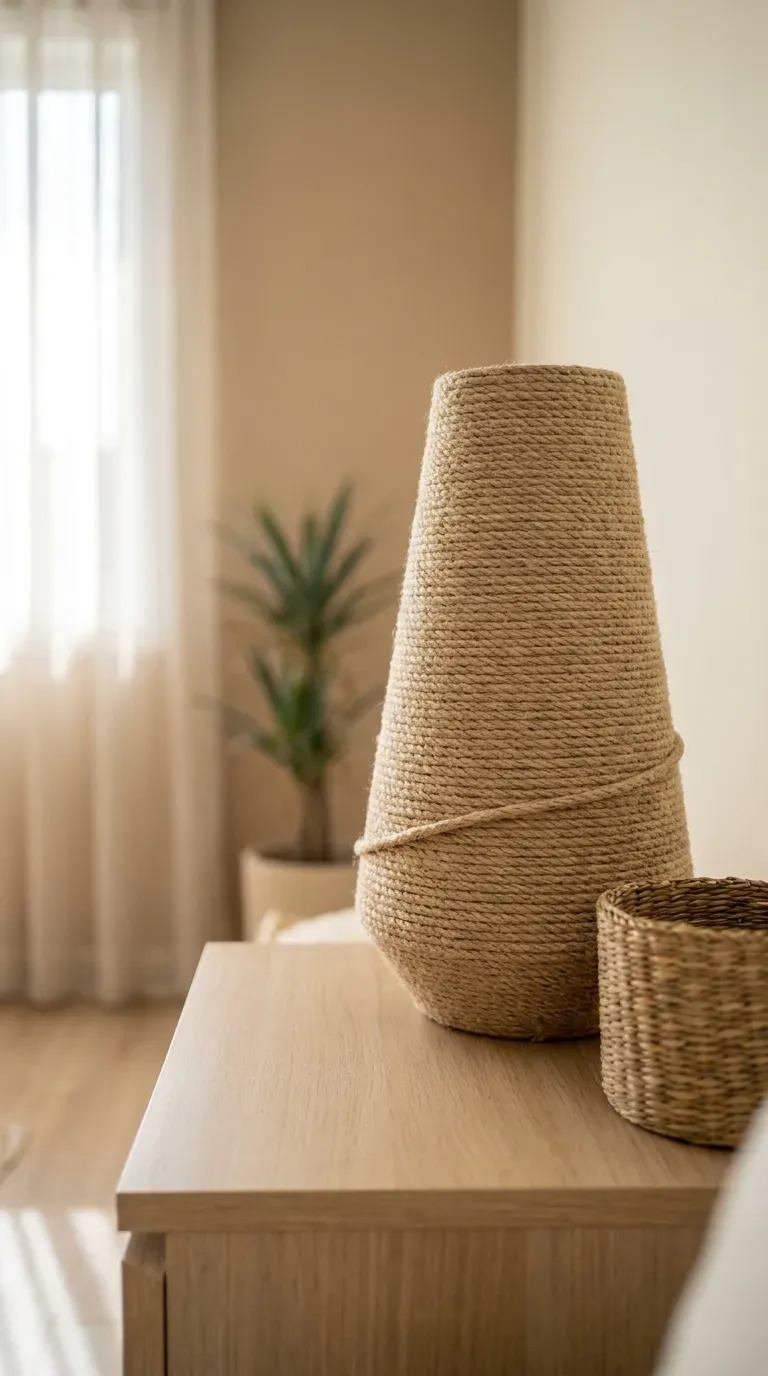 11 Creative DIY Lampshades That Look Store-Bought 3 lampshade tightly wrapped in natural jute rope on a bedside table