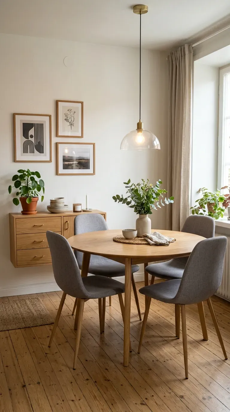 Small apartment dining area with compact round table chairs and wall decor.