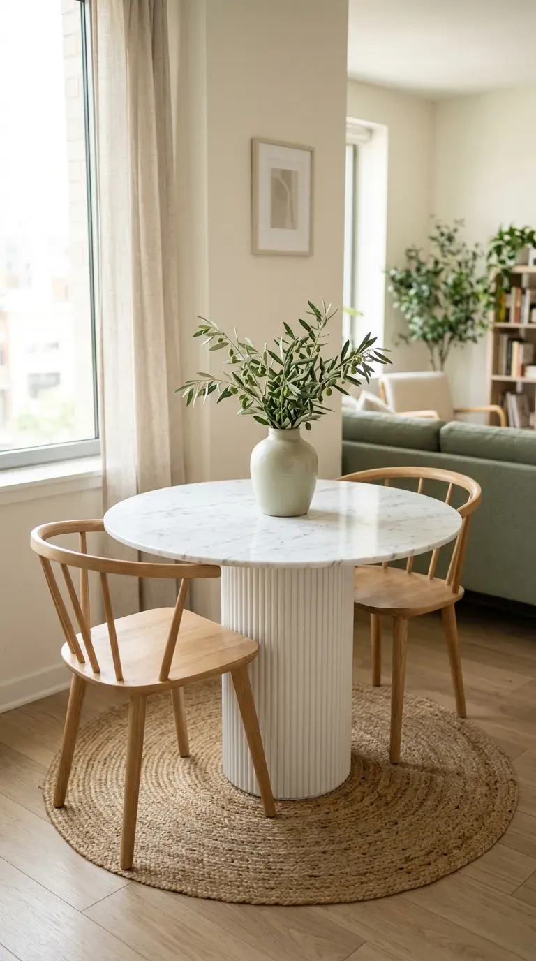12 Genius One Bedroom Apartment Ideas That Maximize Space 3 compact round white marble pedestal dining table with curved wood chairs in apartment