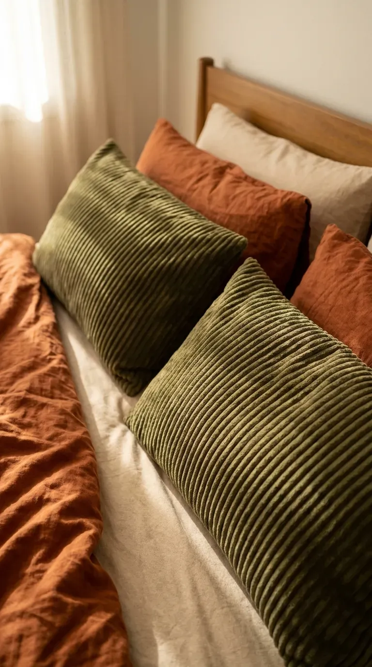 12 Stunning Retro Bedroom Ideas That Look Insanely Chic 8 rust orange linen bedding layered with olive green wide wale corduroy pillows