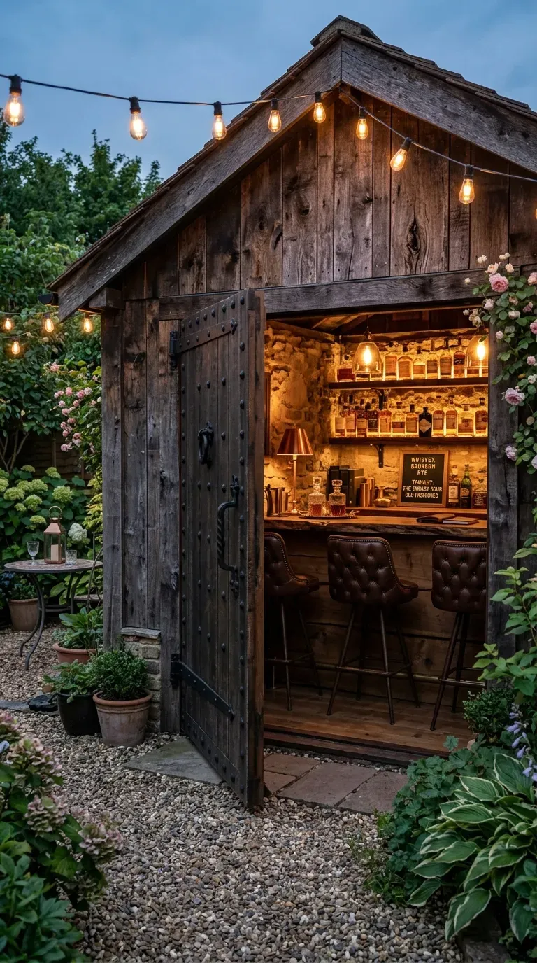 12 Aesthetic Backyard Pub Shed Ideas to Transform Your Yard 2 A cozy backyard shed with rustic wood paneling and warm speakeasy lighting