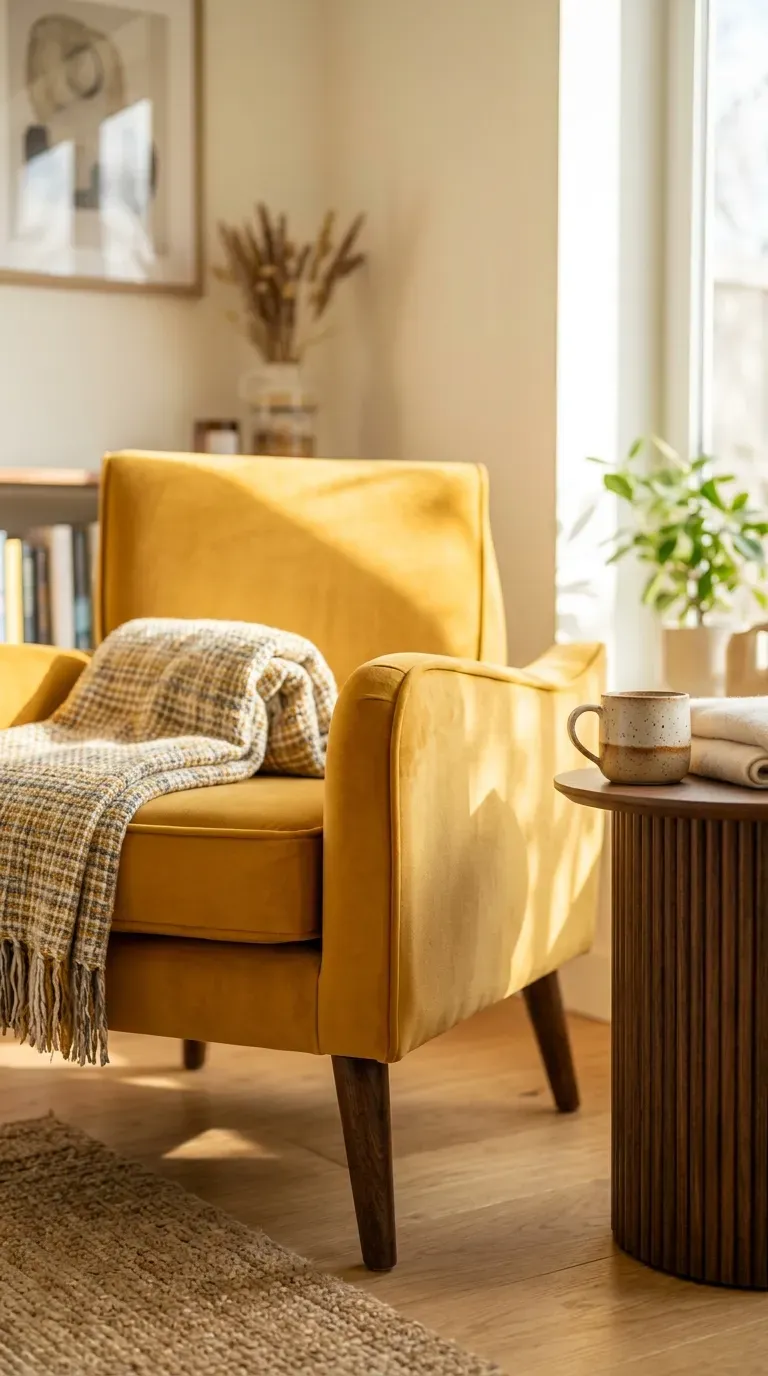 10 Trending Bold Home Decor Pieces to Style in 2026 4 mustard yellow velvet accent armchair styled in a sunlit living room corner