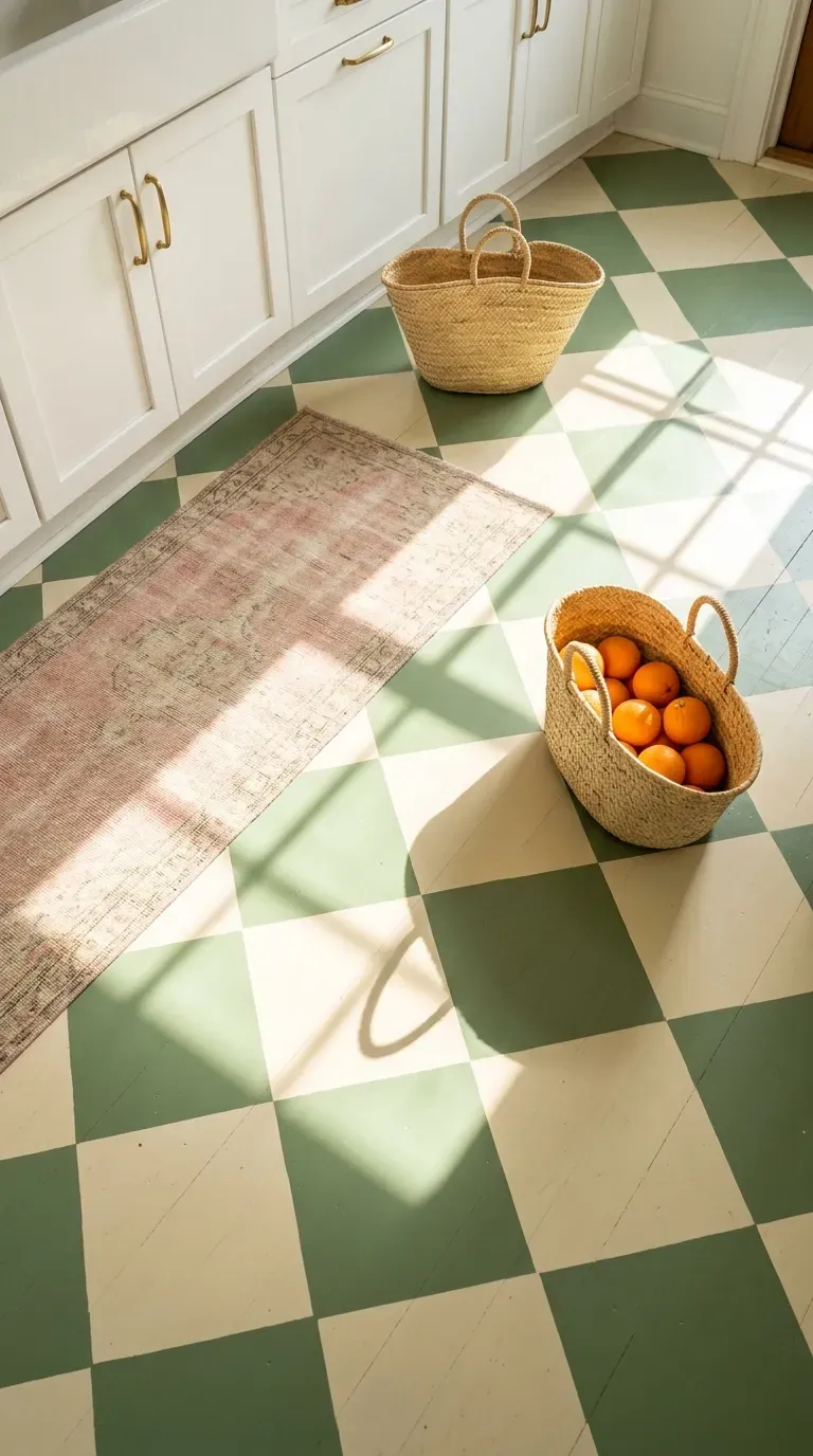 Sage green and cream checkerboard floor in a sunny modern kitchen
