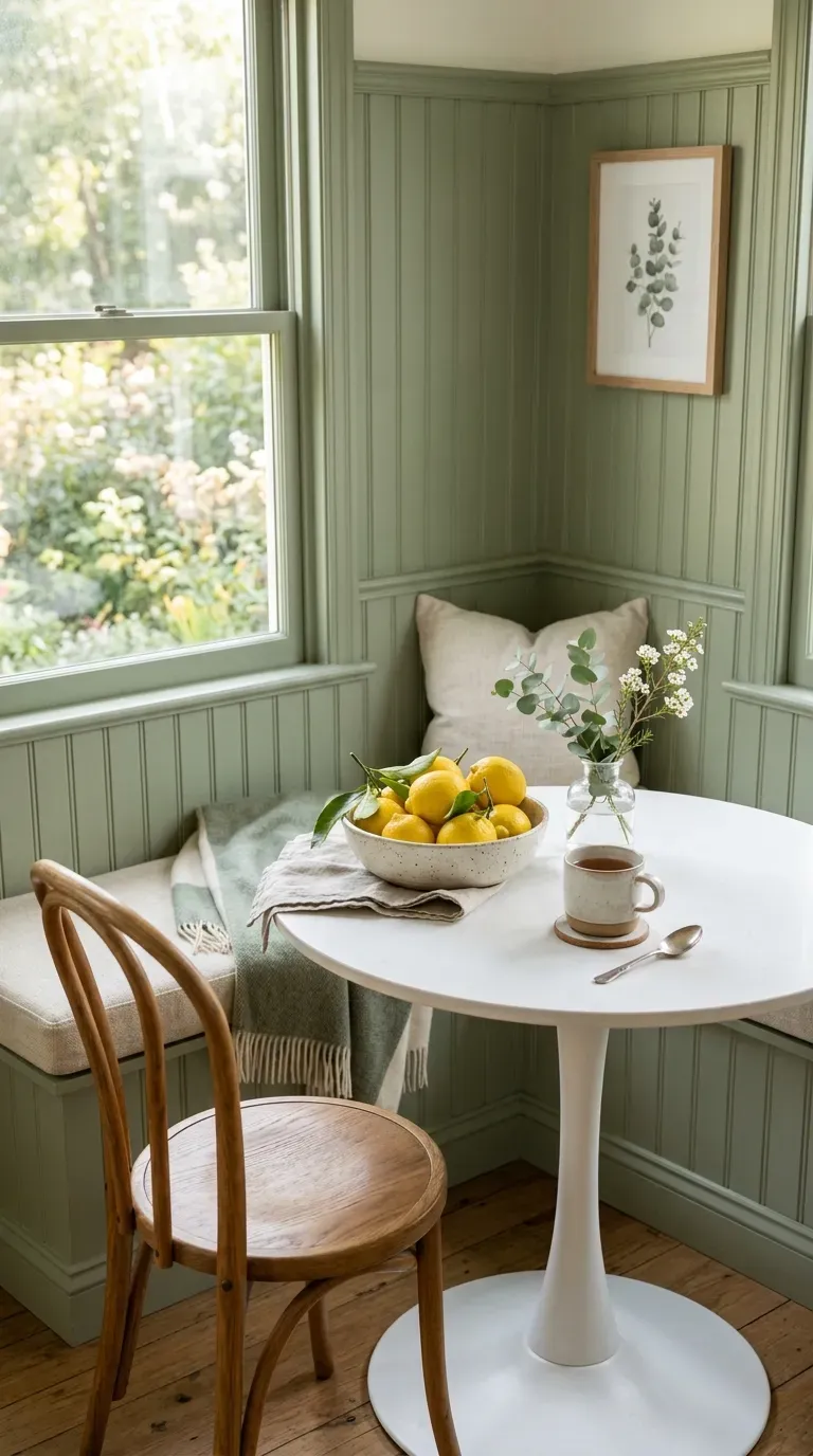 11 Cozy Color Drenched Interior Ideas for Small Spaces 10 small dining breakfast nook drenched in sage green with matching wainscoting and banquette