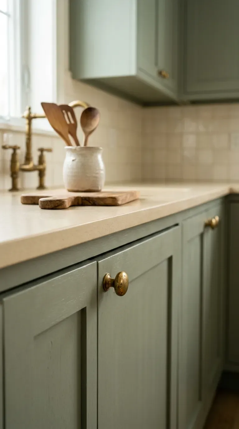 10 Modern Kitchen Color Ideas That Are Trending for 2026 2 sage green painted kitchen base cabinets with cream quartz counters and brass knobs