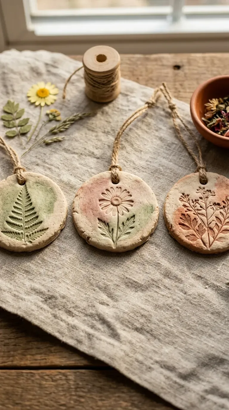 baked salt dough round ornaments with pressed botanical flower impressions and pastel wash