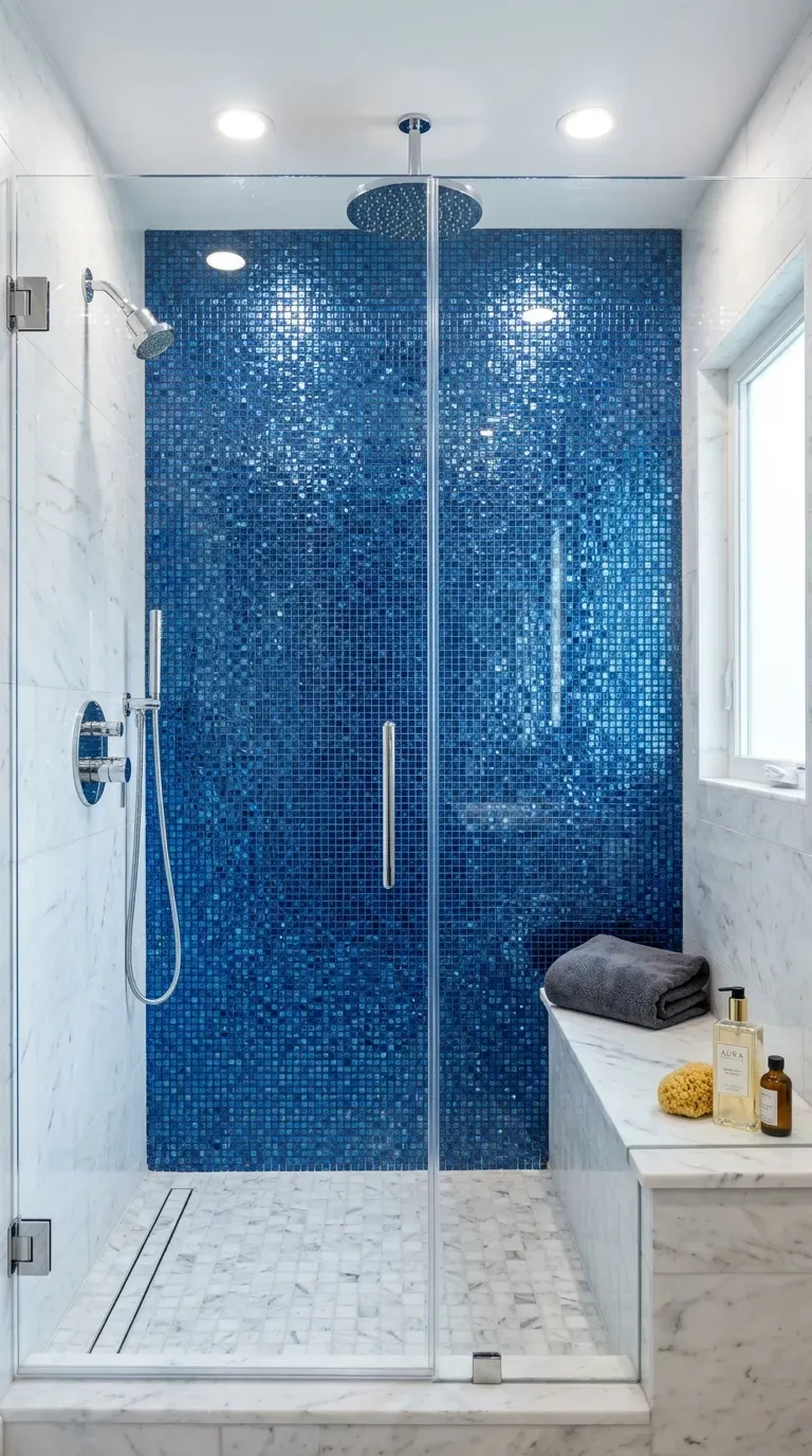 15 Genius Blue Tile Bathrooms You Need to Try 7 Shimmering sapphire blue glass mosaic tile shower accent wall