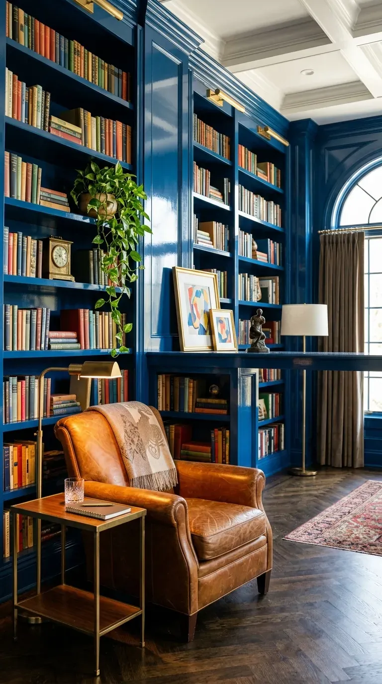 Sapphire blue high-gloss built-in bookshelves styled with colorful books and art