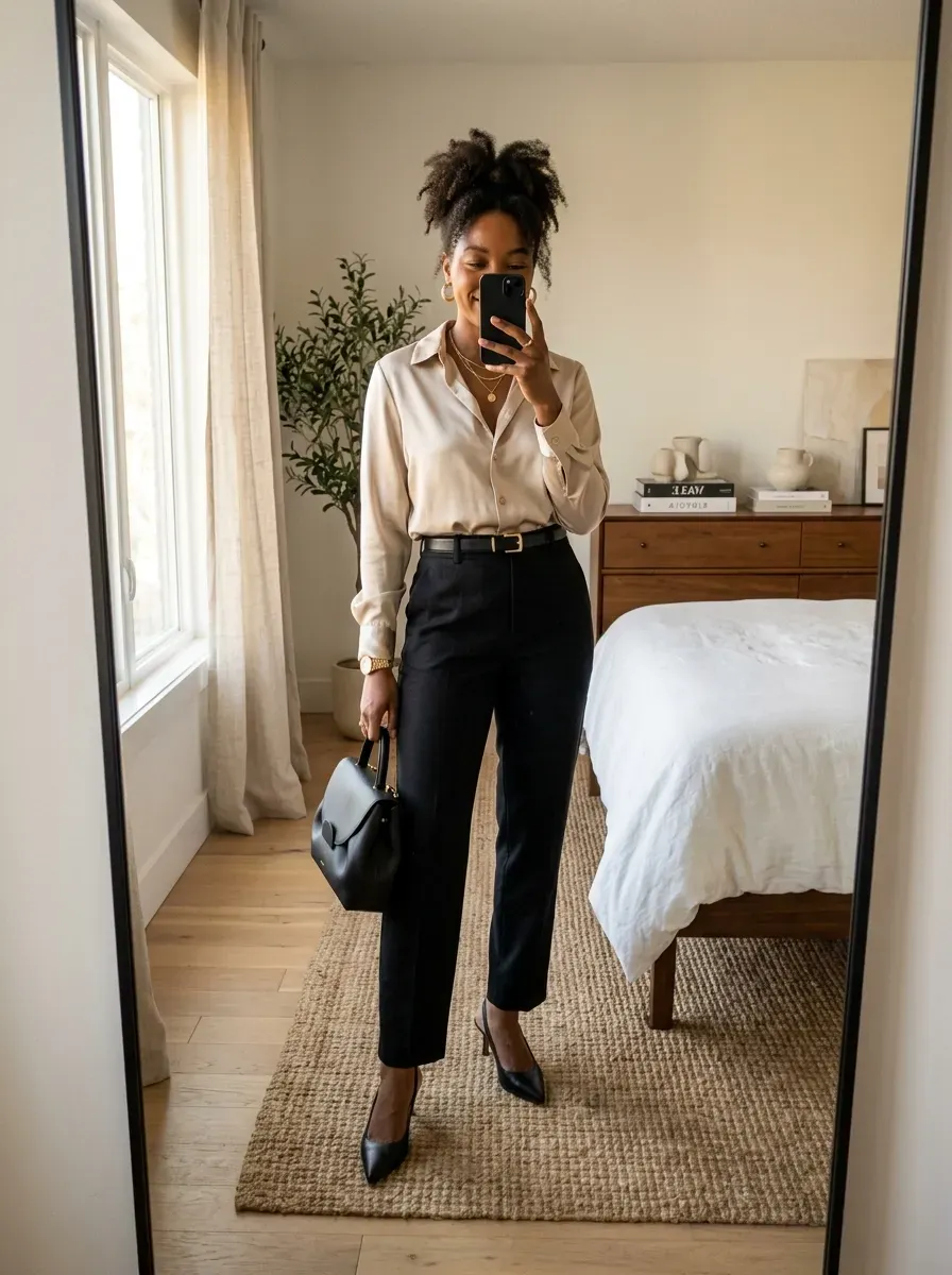 Black woman wearing a satin blouse with tailored black pants for a polished classy outfit.