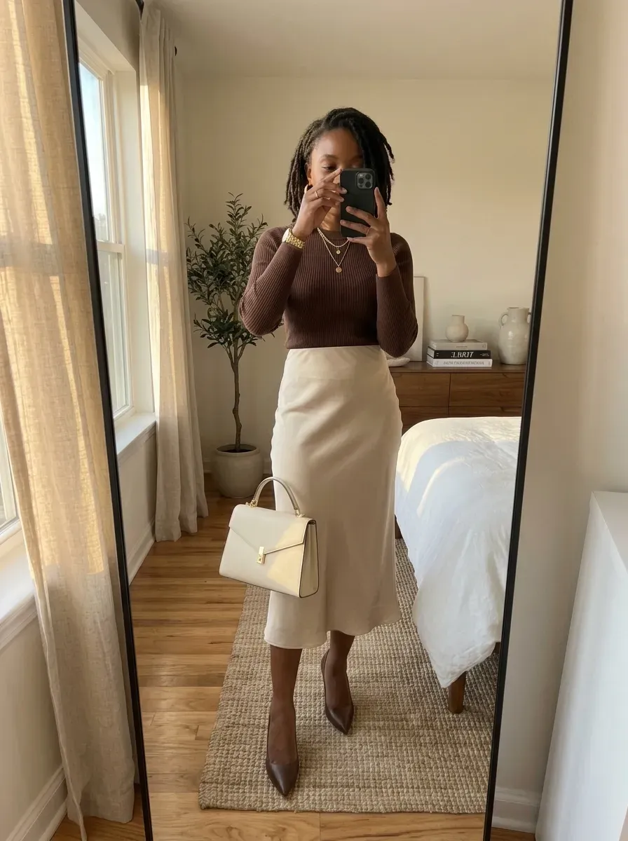 Black woman wearing a satin skirt with fitted sweater for an elegant feminine outfit.