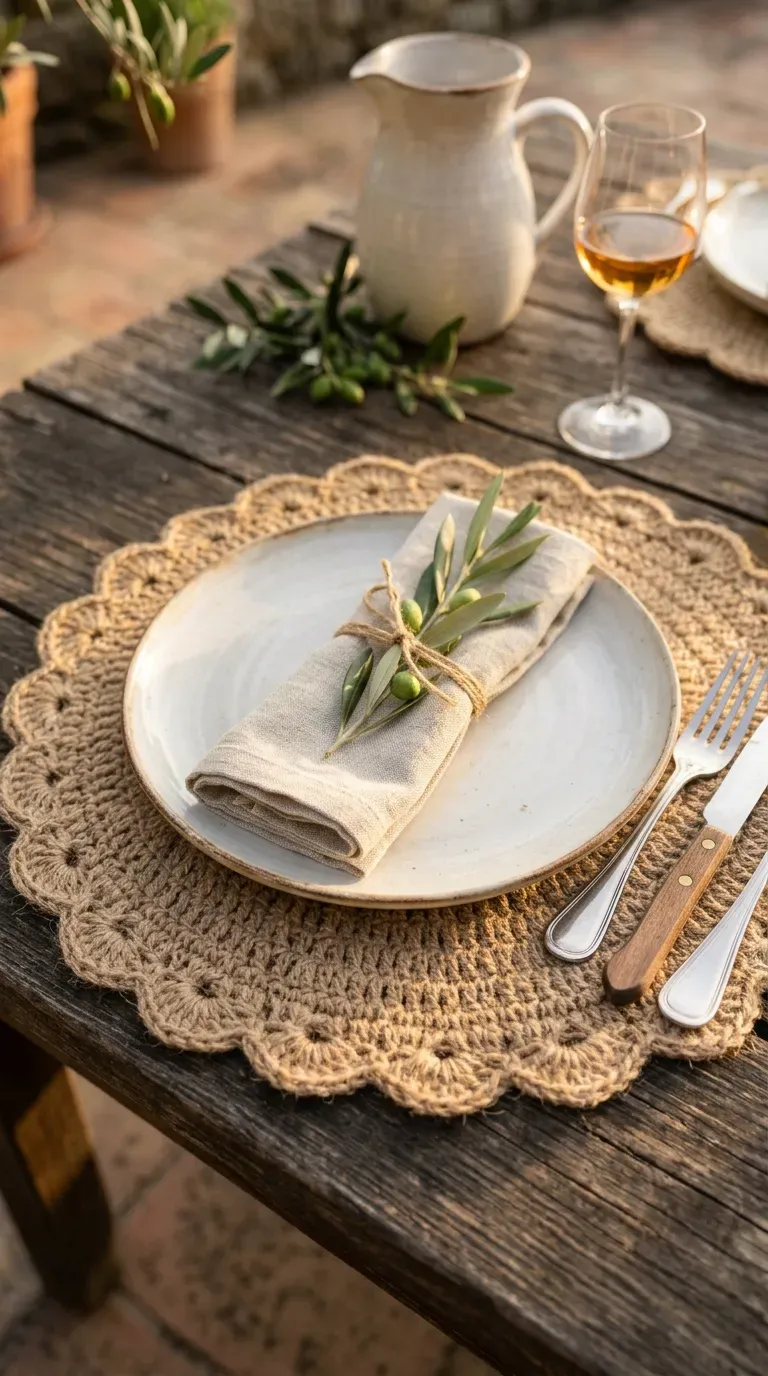 round natural jute crochet placemat with scalloped border on a wooden dining table