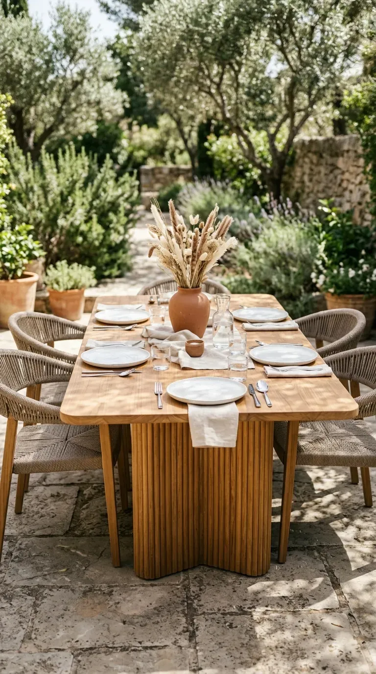 modern outdoor teak dining table with fluted pedestal base and rope woven chairs
