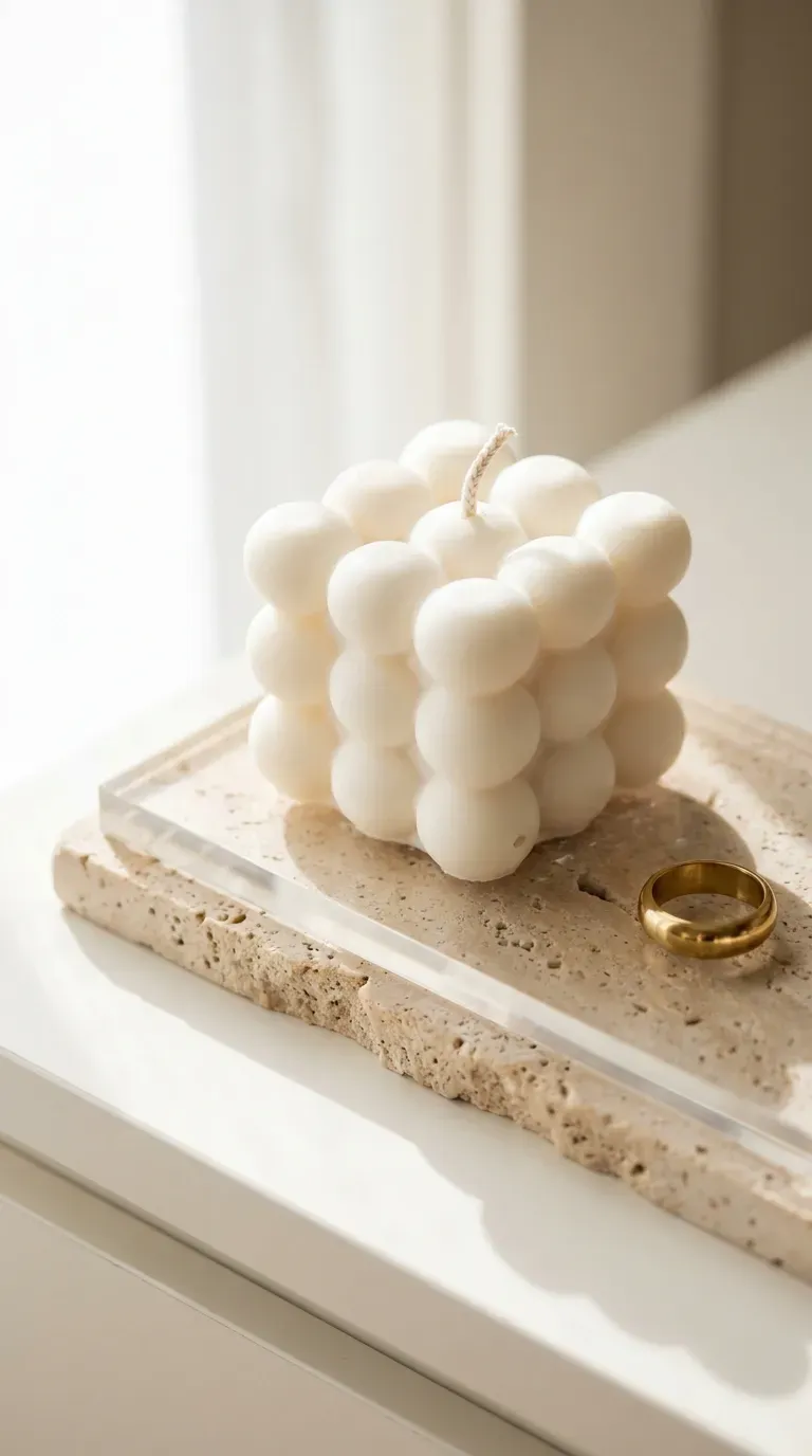 10 Modern DIY Soy Candle Ideas That Are Big in 2026 10 trendy geometric white bubble cube soy candle sitting on a beige travertine tray