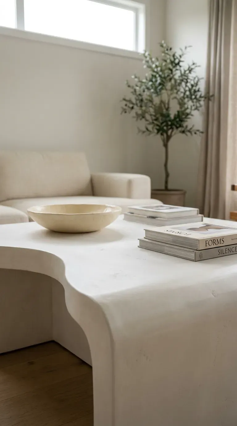 curved plaster-look coffee table styled with a ceramic bowl in a living room