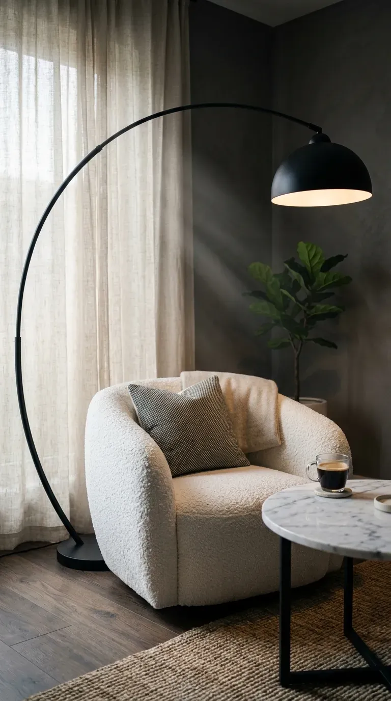 16 Genius Minimalist Living Room Ideas You Need to Try 8 Curved black metal floor lamp arching over a modern white chair