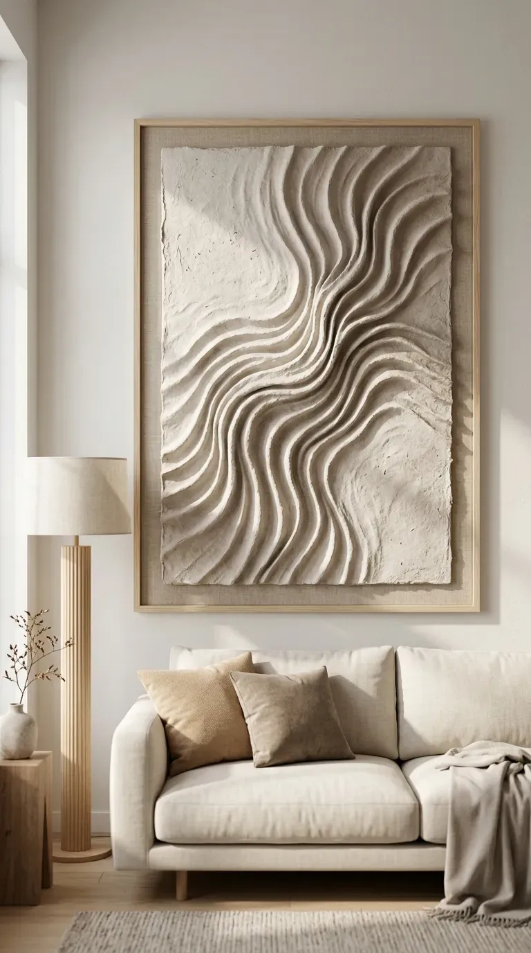 10 Trending Bold Home Decor Pieces to Style in 2026 10 large white 3D textured paper mache relief wall art above a minimalist sofa