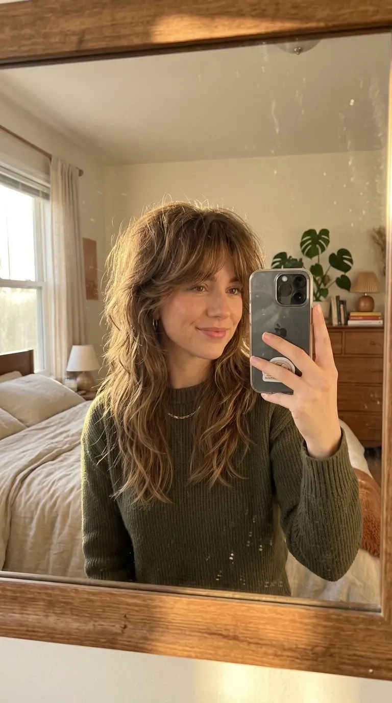 Woman taking an iPhone mirror selfie showing a textured shag haircut with airy curtain bangs and choppy layers.