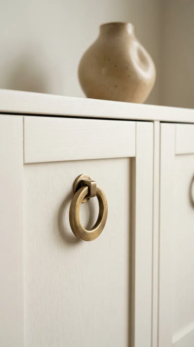 white shaker style media console upgraded with modern brushed brass ring pulls