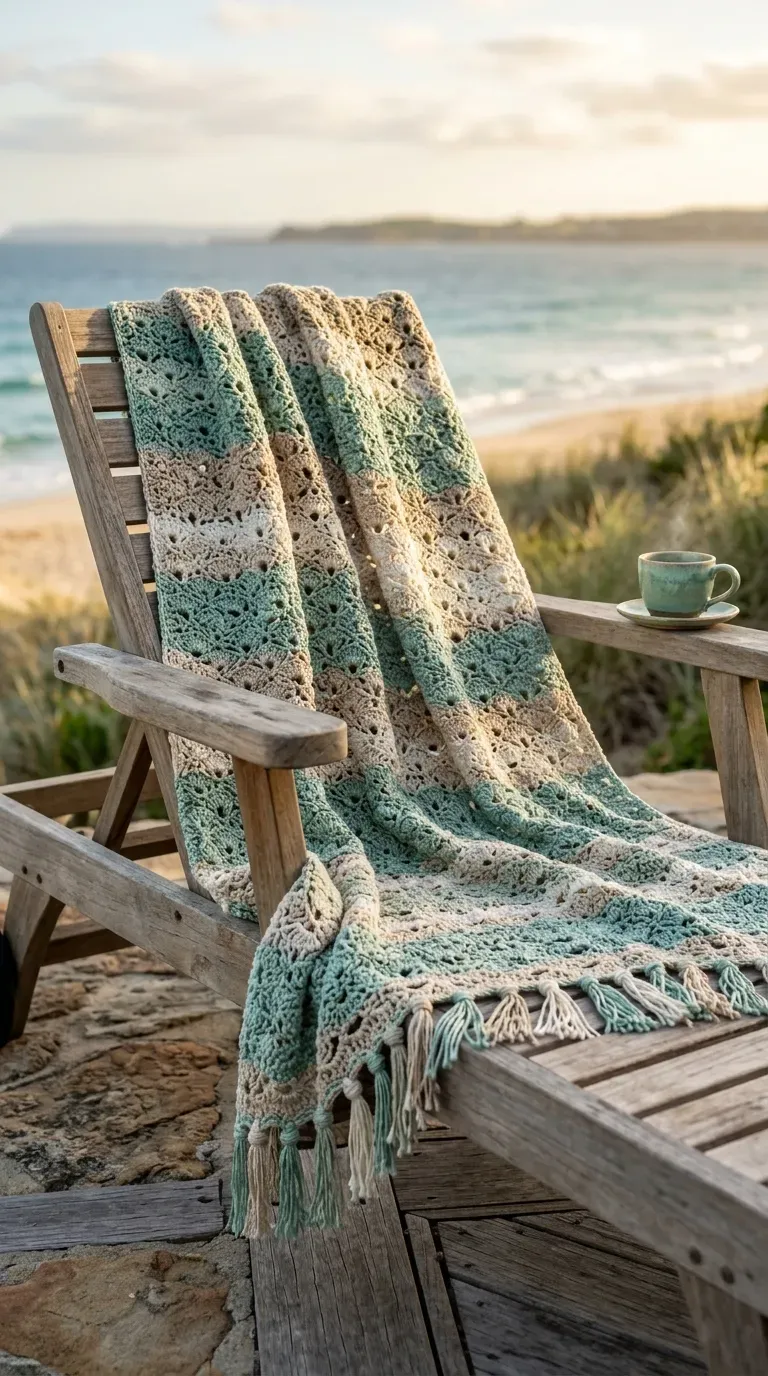 folded lightweight crochet shell stitch blanket in soft ocean tones on a lounge chair