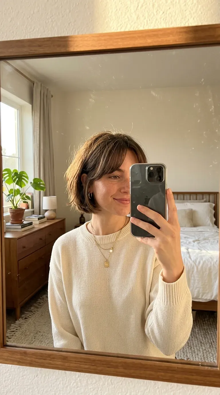Woman taking an iPhone mirror selfie showing a short bob with soft curtain bangs and face-framing layers.