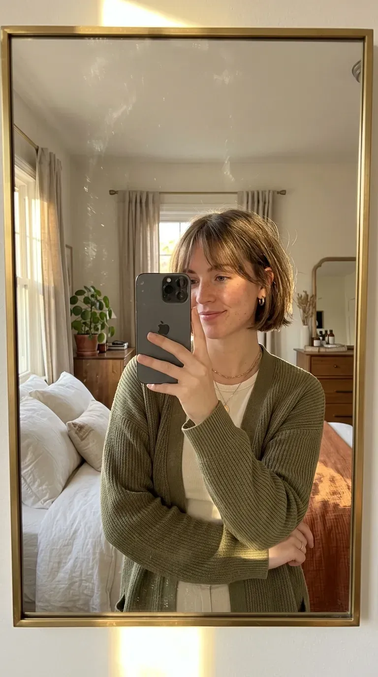 Woman taking an iPhone mirror selfie showing a chic short bob with soft curtain bangs and textured ends.
