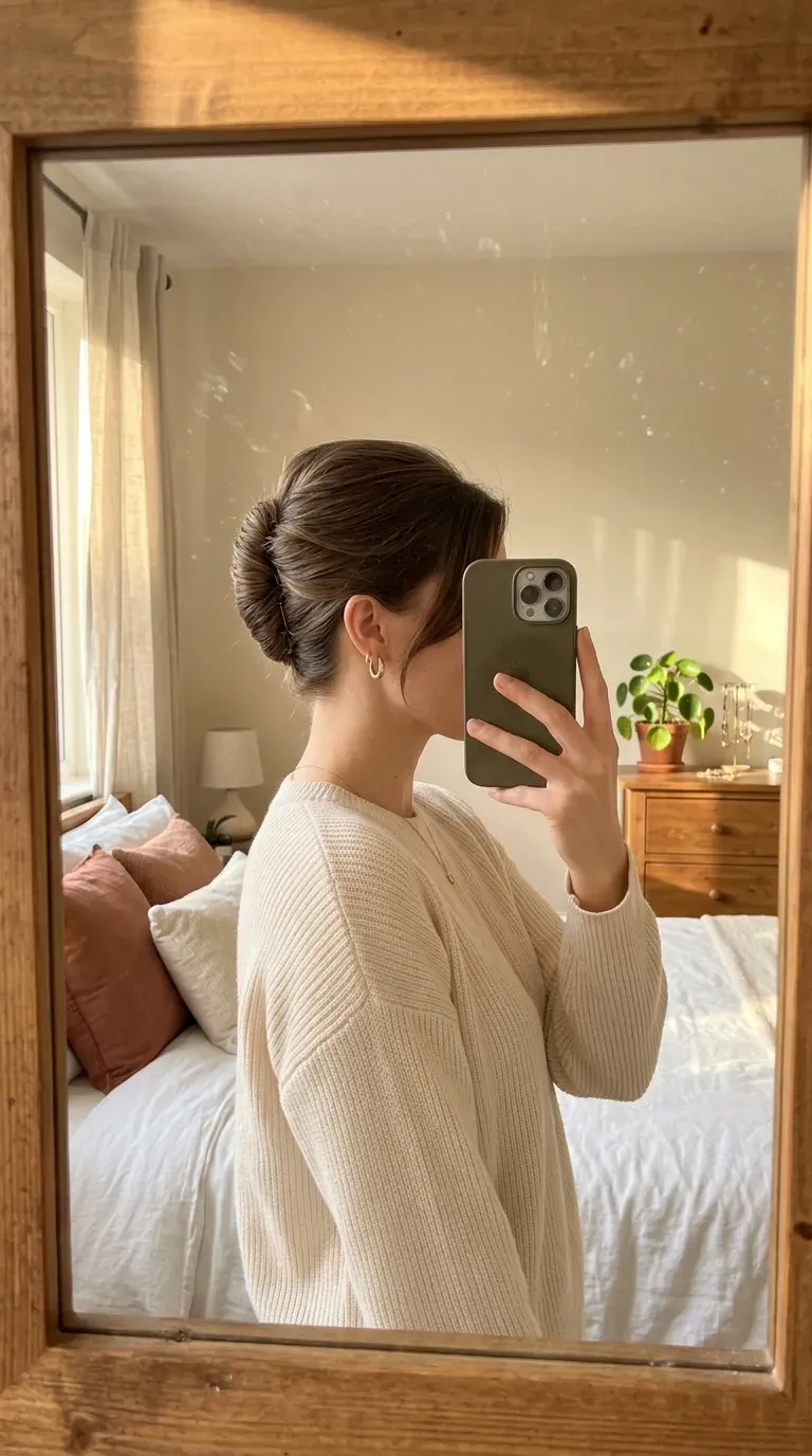 Woman taking an iPhone mirror selfie showing a compact French twist updo with smooth face-framing hair.