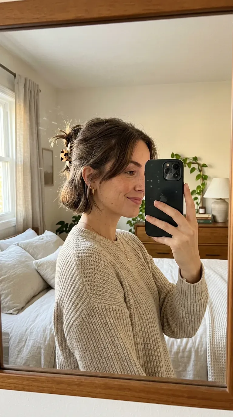 Woman taking an iPhone mirror selfie showing a small textured top knot with loose short layers around the face.