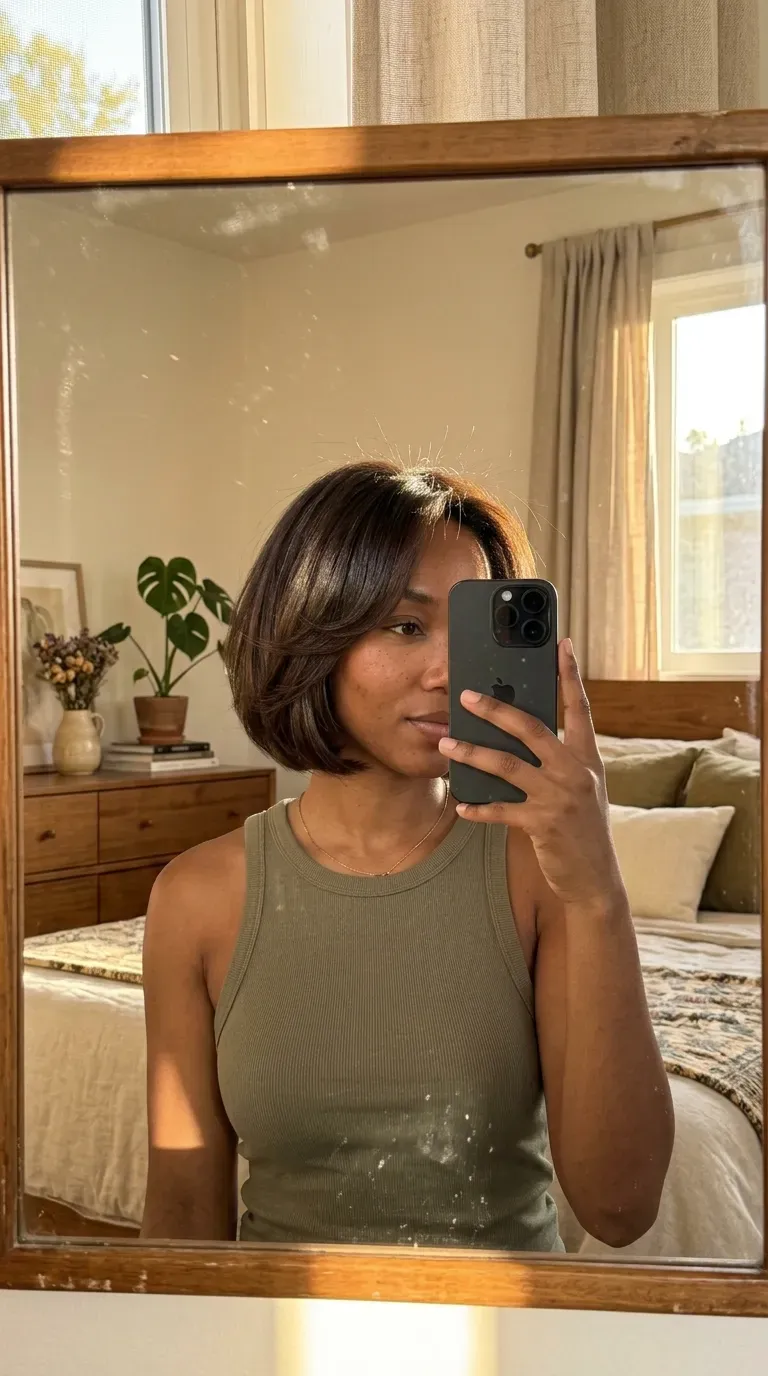 Woman taking an iPhone mirror selfie showing her short layered silk press hairstyle.