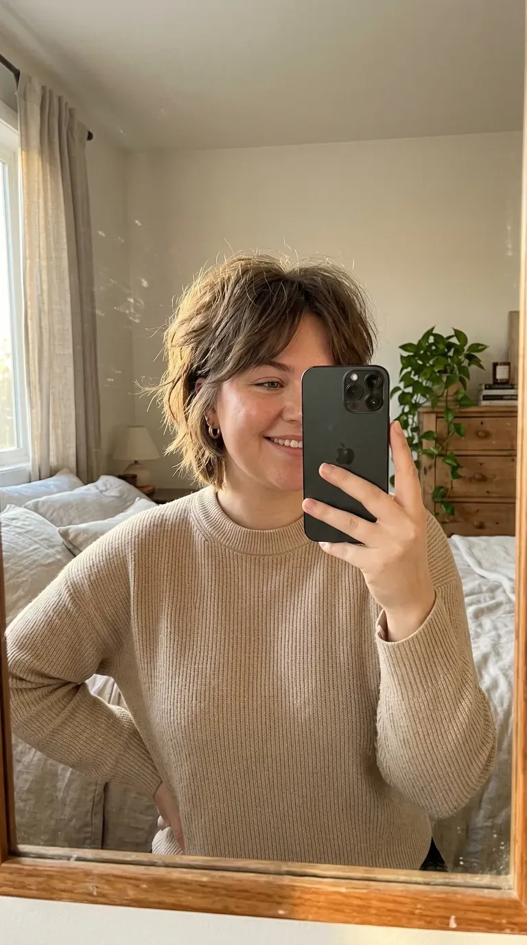 Woman taking an iPhone mirror selfie showing a short shag with textured face-framing layers.