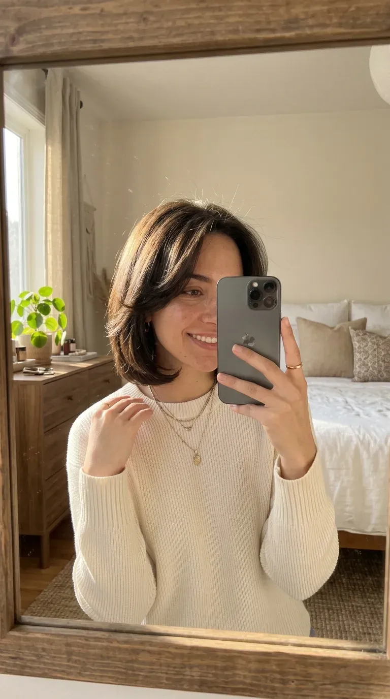 Woman taking an iPhone mirror selfie showing her feathered short silk press layers.