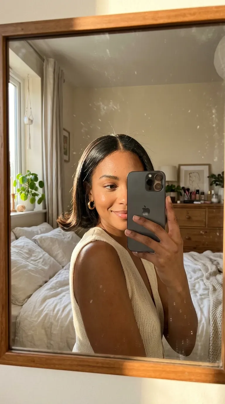 Woman taking an iPhone mirror selfie showing her short silk press with flipped ends.