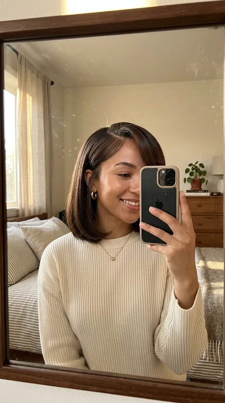 11 Short Silk Press Hairstyles That Look Sleek, Chic, and Effortlessly Polished 7 Woman taking an iPhone mirror selfie showing her short silk press with side-swept bangs.