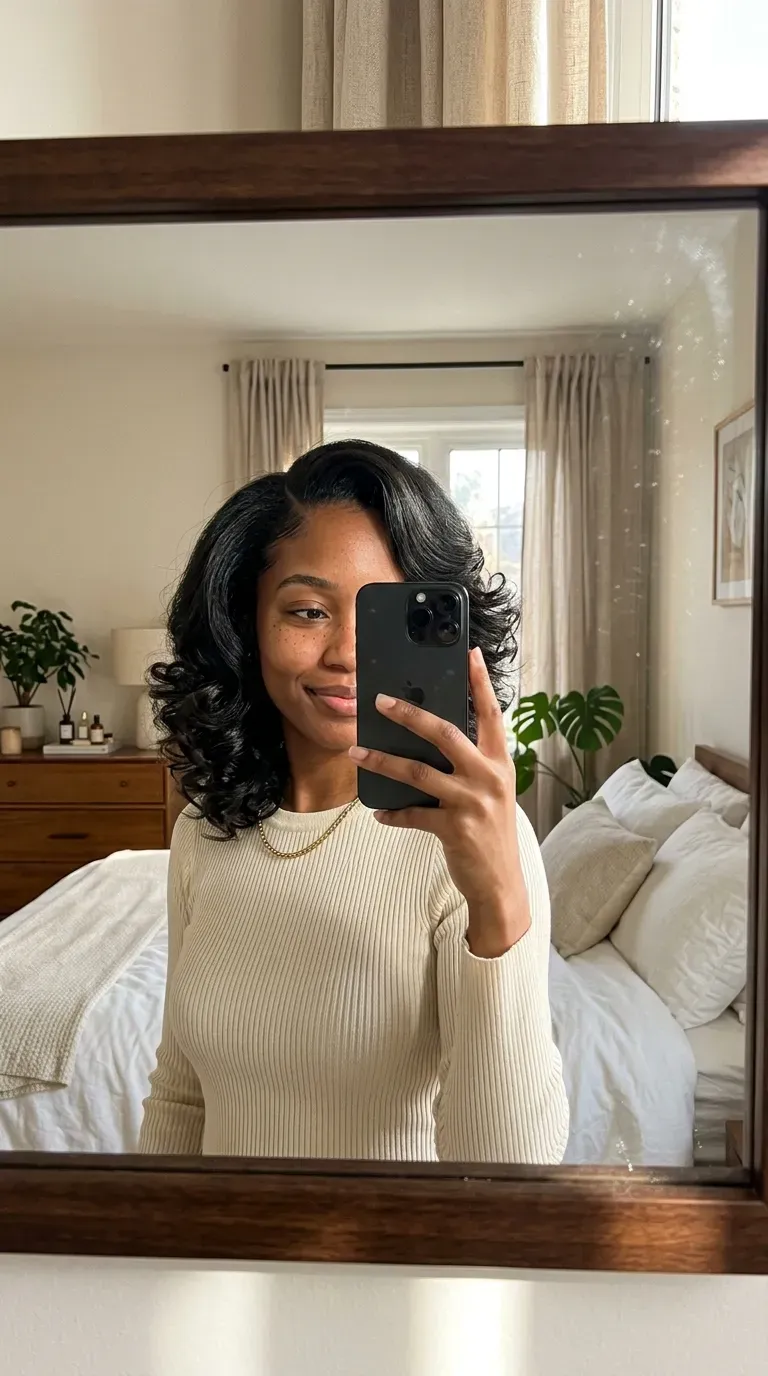 Woman taking an iPhone mirror selfie showing her short silk press styled with soft curls.
