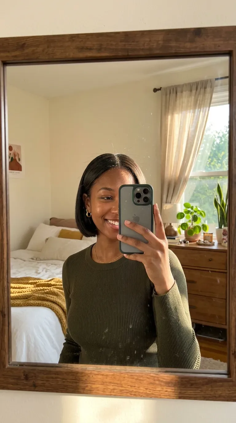 11 Short Silk Press Hairstyles That Look Sleek, Chic, and Effortlessly Polished 12 Woman taking an iPhone mirror selfie showing her sleek silk press with tucked ends.