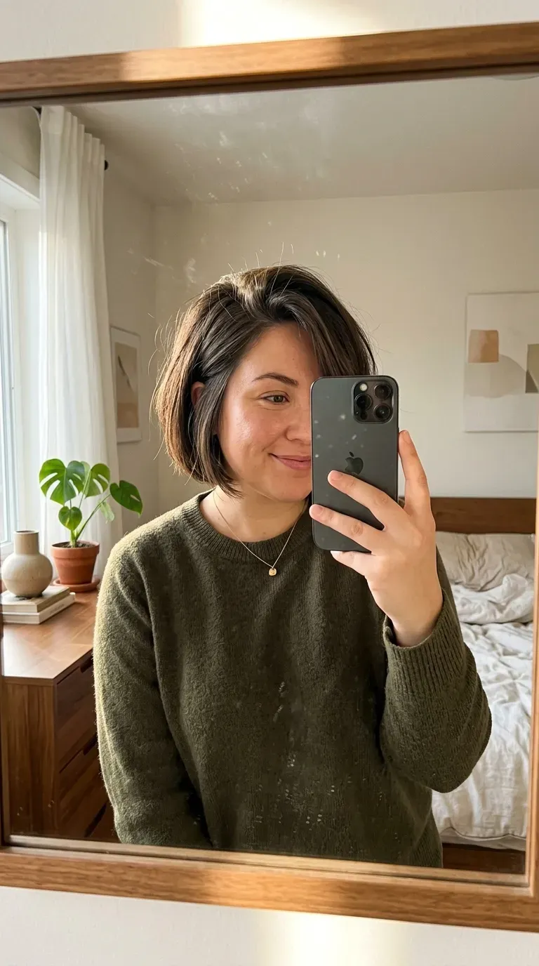 Woman taking an iPhone mirror selfie showing a side-parted short bob with flattering face framing.